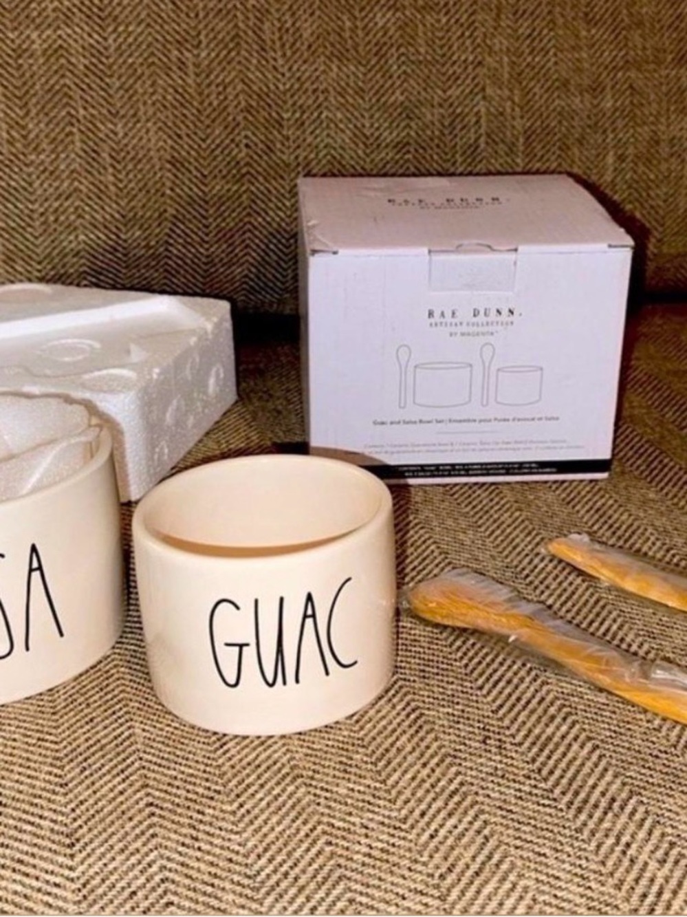 Rae Dunn Cream Ceramic 'GUAC' & 'SALSA' Stacked Dip Bowls NIB